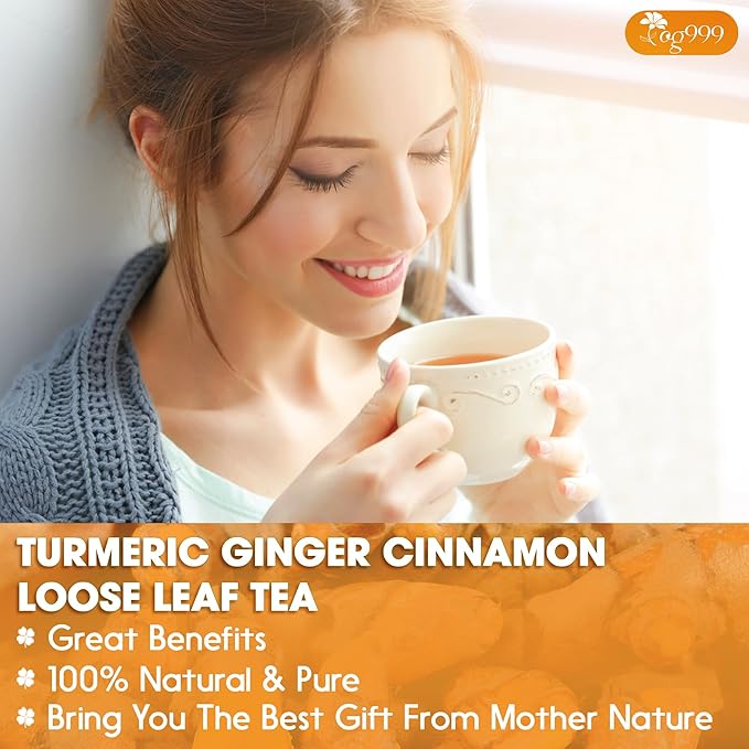 TOG999, Premium 6oz/100 cups Ginger Turmeric Cinnamon Loose Leaf Herbal Tea. Improve Digestion, Support Brain, Weight, Skin and Sleep. Premium Quality Spiced Blend. No Sugar, No Caffeine, No Gluten, Vegan. - Bloomnest