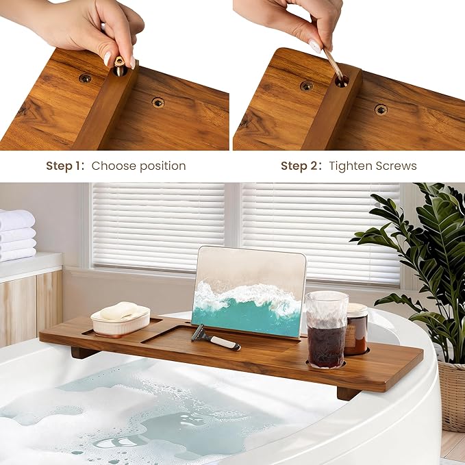 Teak Bathtub Tray - Wood Bath Caddy Tray 35" for Large Tubs - Adjustable Bathtub Table Trays - Luxury Shower Organizer for Home Spa Relaxation and Reading - Light Walnut Color - Bloomnest