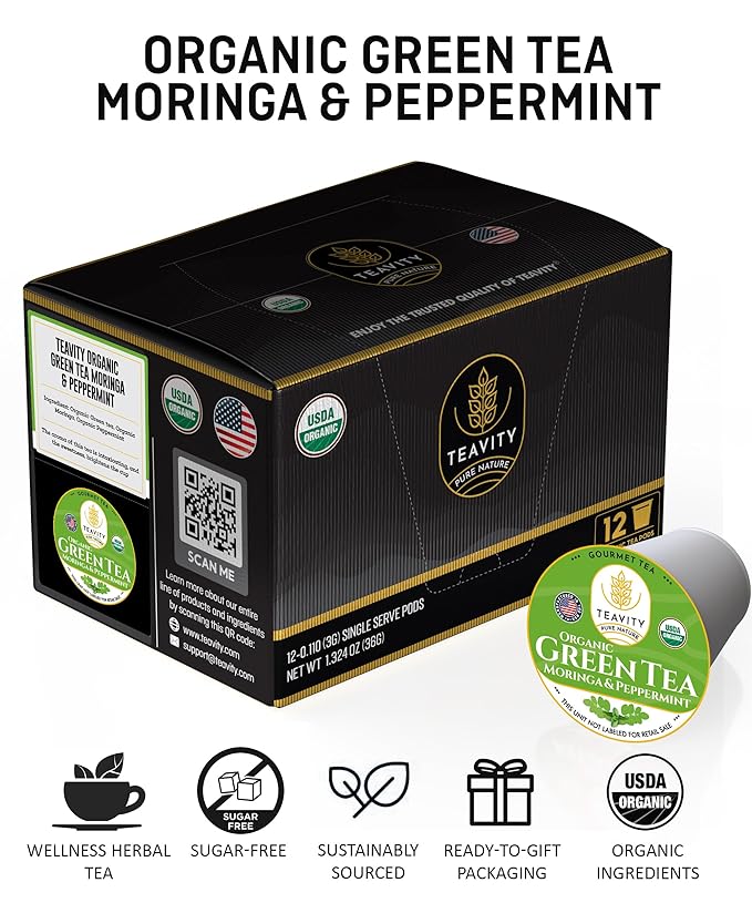 Organic Moringa Green Tea with Peppermint Tea Pods for Keurig - Naturally Caffeinated by Teavity (12 Tea Pods) - Bloomnest
