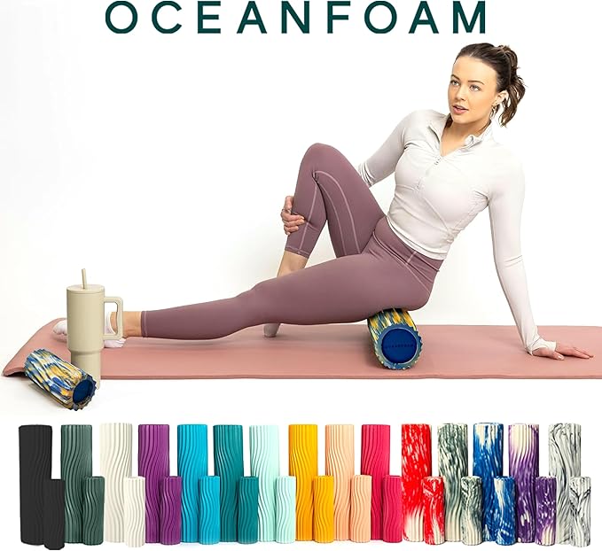 Oceanfoam Ripple Travel Foam Roller (11" x 3.35") Firm Mini Foam Roller for Physical Therapy, Deep Tissue Massage, Back Pain, High Density, Wave Textured, Yoga, Exercise (Royal Gold & Natural Marbled) - Bloomnest