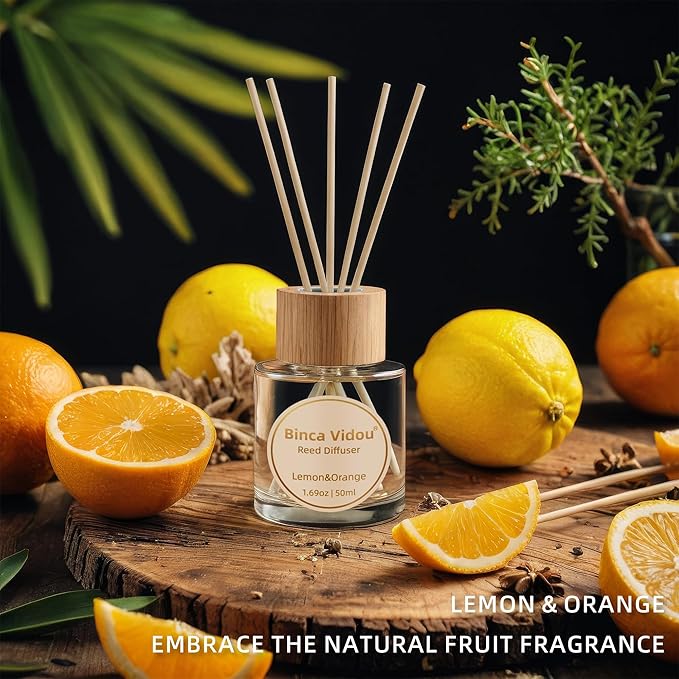 Reed Diffuser Set, Binca Vidou Lavender Orange & Lemon Natural Scent Oil Diffusers with Sticks for Home Office Bathroom Aromatherapy Decor 1.69oz x 2 - Bloomnest