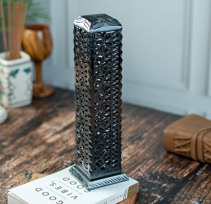 Crocon Handmade Black Marble Soapstone Incense Stick Burner Square Shape Leaf Design Tower Burner | Incense Cone & Candle Stick Holder | Decorative Home & Kitchen Best Gift Size LxWxH, 2.7x2.7x10 Inch