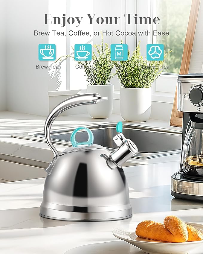 Harriet Tea Kettle Stovetop, 2.5 Quart Whistling Stainless Steel Tea Pot, 3-Layer Base, Unique Ergonomic Handle, Includes Pot Holder & Mat, Electric/Induction/Gas Stovetops Applicable, Mirror Finish - Bloomnest