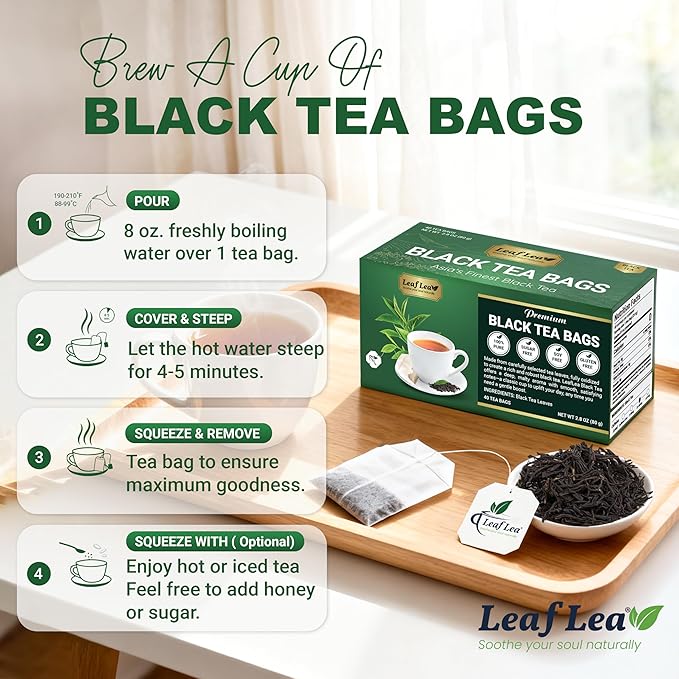 LeafLea 40 Black Tea Bags, Premium Full-Bodied Black Tea Leaves, Strong Robust and Flavoury, Digestive Ease & Natural Alertness with Caffeine, Sugar-Free, Vegan, Individually Wrapped - Bloomnest