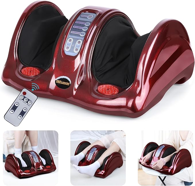 H&B Luxuries Shiatsu Foot Massager Machine with Remote Controller, Kneading and Rolling Home Massagers for Feet, Ankle, Calf, Leg, Ideally for Men, Women, Father, Mom Parents and The Elderly, Red - Bloomnest