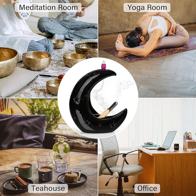 ZenBless Moon Versatile Ceramic Backflow Incense Holder and Burner Waterfall,for Burning Sage, Palo Santo, Backflow Cone and Candle,Aromatherapy Ornament Home Room Decor,the Ideal Present (Black) ZenBless