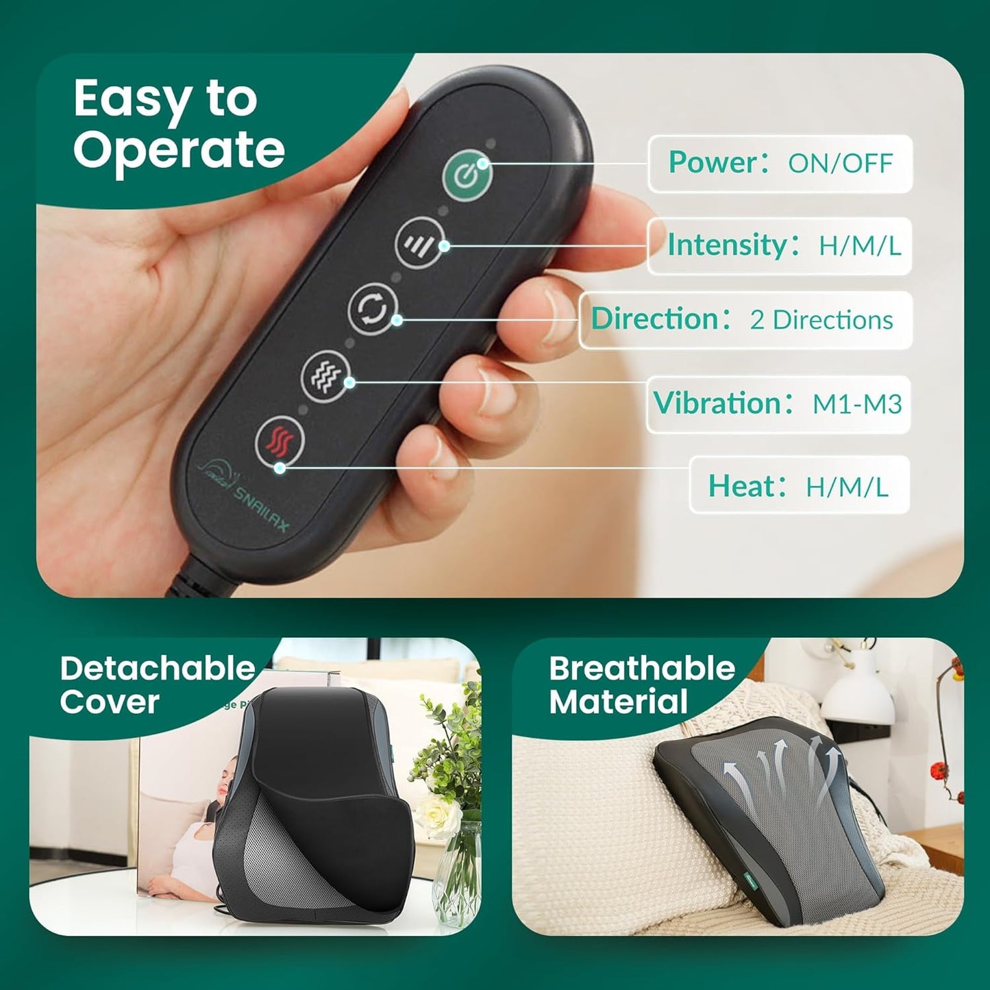 Snailax Back Massager for Back Pain Deep Tissue, Shiatsu Neck Back Massager with Heat, 3D Kneading Chair Massage Pillow, Neck Shoulder Massage, Gifts for Mom, Dad, Women