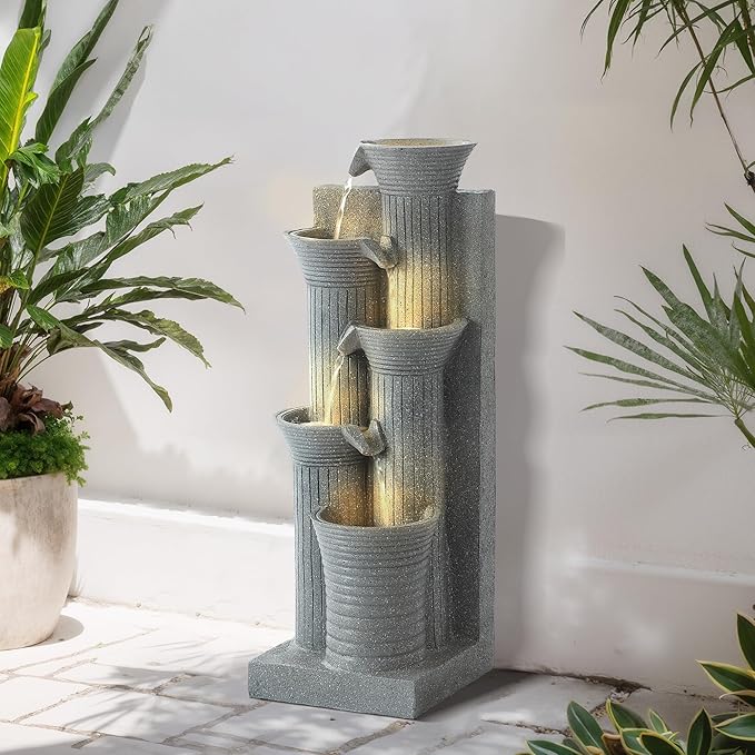 MAGIC UNION Outdoor Water Fountain, 5 Tiers Cascading Waterfall Indoor Water Feature Garden Decor with LED Lights, Patio Resin Fountains for Yard, Deck, Porch and Home, Bamboo Element (Light Gray) - Bloomnest