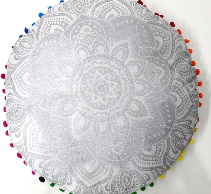 CRAFT KALA Large Round Bohemian Floor Pillow Pouf Cover Mandala Meditation Room Pillow Cover for Adults Boho Seating Poufs Cushion Cover for Kids Playroom 32" Round Silver Flower - Bloomnest
