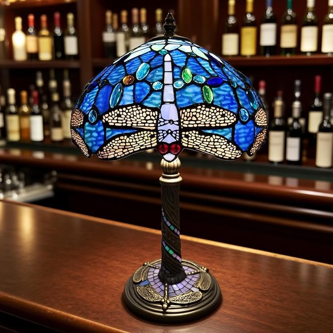 Tiffany-Style Table Lamp, 12" Blue Dragonfly Handmade Stained Glass Lamp Shade, Vintage Reading Light for Bedroom Living Room, LED Bulb Included - Bloomnest
