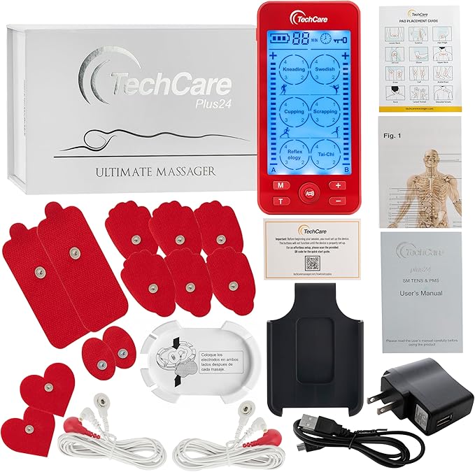 Tens Unit Plus 24 Rechargeable Electronic Pulse Massager Machine Multi Mode Device with All Accessories (Red)
