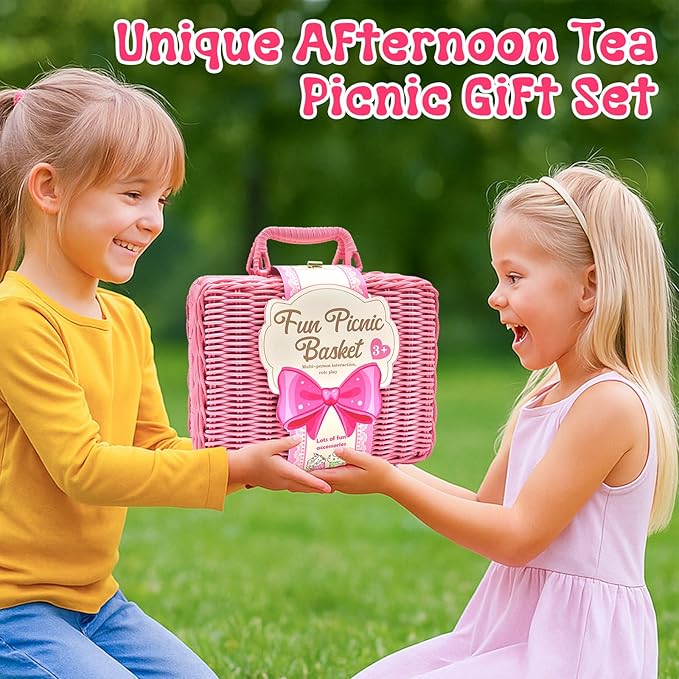 Pink Pretend Afternoon Tea Party Set with Storage Basket, Play Food & Accessories for Girls, Tea Party Set for Toddlers Indoor Outdoor Pretend Play, Kids Picnic Basket Toy Gift for Ages 3-8 - Bloomnest