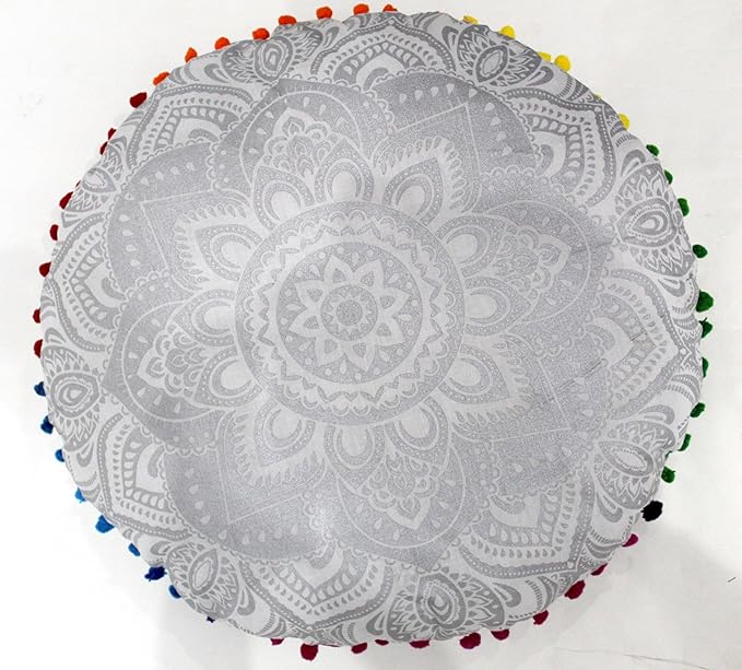 CRAFT KALA 22" Bohemian Floor Pillow Pouf Cover Mandala Boho Large Round Meditation Room Pillow Covers for Adults Seating Poufs Cushion Cover for Kids Playroom Silver Flower - Bloomnest
