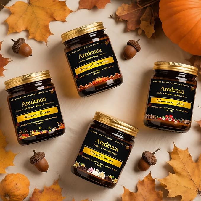 Fall Candles Set | 4 Pack Autumn Scented Candles - Fall Candle Gifts for Women Men, Soy Candles for Home Scented - Autumn Scent of - Pumpkin/Cinnamon Apple/Harvest/Vanilla Cream - Bloomnest