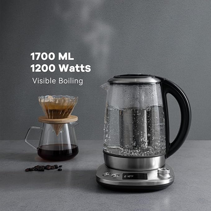 Mecity Electric Tea Kettle with Removable Infuser, 9 Preset Brewing Programs, Temperature Control, 2 Hours Keep Warm, Borosilicate Glass, 1.7 Liter, 1200W - Bloomnest