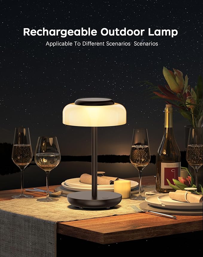 QiMH Battery Operated LED Table Lamp, 5000mAh Rechargeable Cordless Lamp, Stepless Dimmable Touch Control, Small Waterproof Desk Night Light for Living Room, Bedroom, Outdoor Bar (Black) - Bloomnest