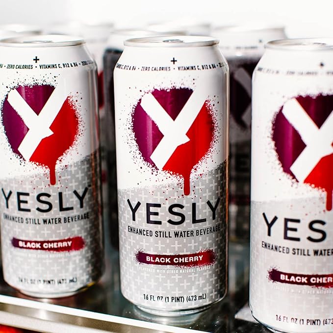 Yesly Functional Water, Black Cherry, Naturally Flavored Still Water with Electrolytes, Magnesium, Potassium, Vitamin C, B6 & B12, Zero Sugar, No Artificial Sweeteners, 16 Fl Oz Cans, 12 Pack - Bloomnest