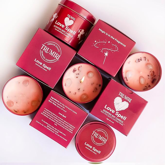 Love Spell - Scented Candles for Women & Men with Rose Petals and Crystals - 5oz Soy Clean Organic Non Toxic - Velas Aromáticas - Aromatherapy Spa Valentines Gift Home Décor Aesthetic Candel TRUMIRI