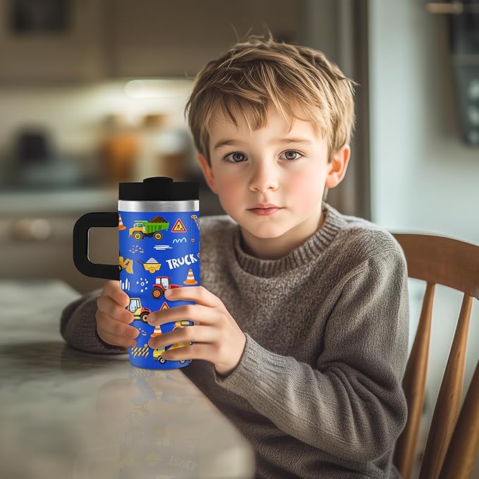 Construction Tumbler with Handle Straw for Kids 14oz, Insulated Stainless Steel Cup for Boys, Birthday Christmas Back to School Gifts for Kids Boys - Bloomnest