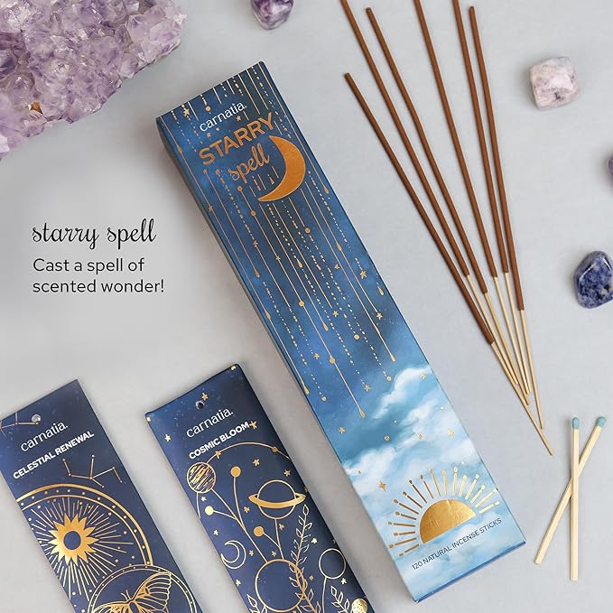 Carnatia Starry Spell Incense Sticks – Set of 6 Mystical Scents, 120 Premium Sticks for Creativity, Focus, Manifestation & Meditation | Natural, Slow-Burning for Spiritual Rituals & Self-Care! - Bloomnest