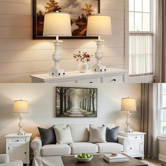 28'' Washed White Table Lamp for Bedroom Nightstand, Vintage Bedside Lamp with USB A+C Port, Farmhouse Desk Lamp with Linen Shade Set of 2, Traditional Nightstand Lamp, Rocker Switch,Bulb Included - Bloomnest