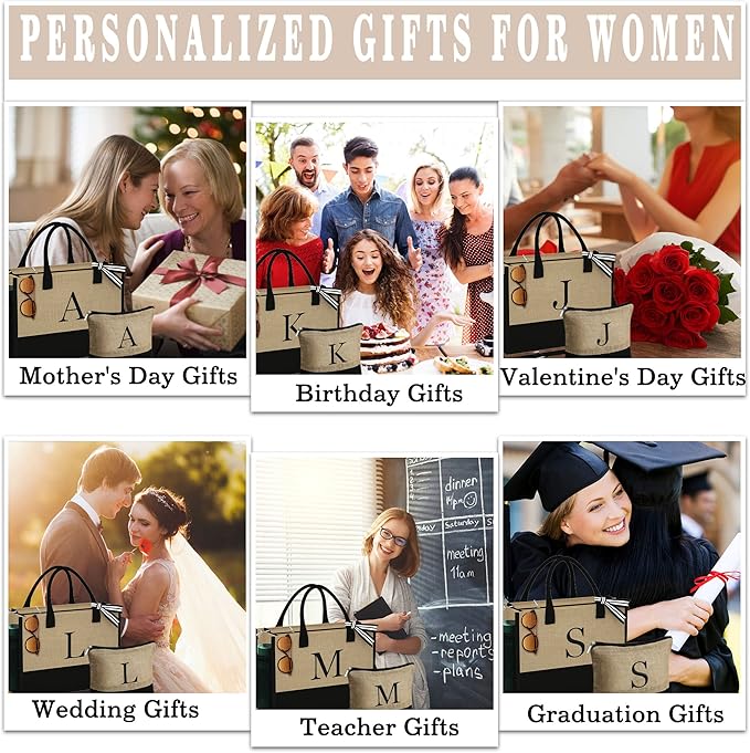 YOOLIFE Valentines Day Gifts for Her - Initial Jute Tote Bag & Makeup Bag, Birthday Gifts for Women Teacher Mom Wife Friend - Bloomnest