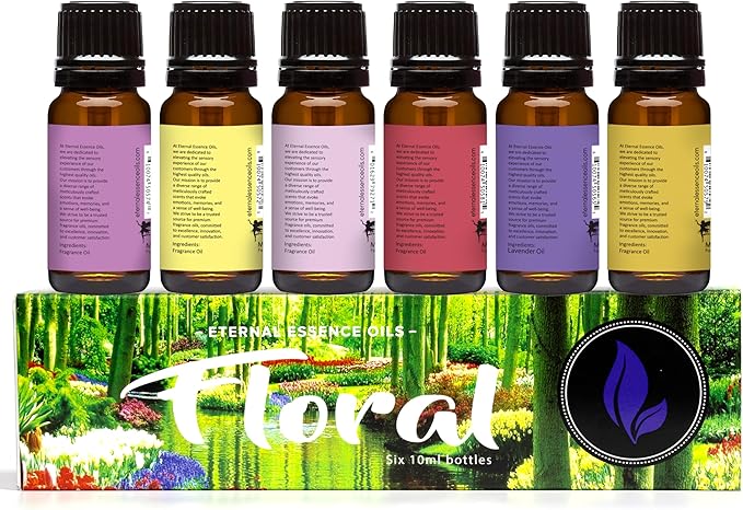 Eternal Essence Oils Floral Set of 6 Premium Fragrance Oils - Lavender, Lilac Lillies, Jasmine, Plumeria, Rose Garden, Magnolia Scented Oil - for Diffusers, Candle & Soap Making, & Aromatherapy - Bloomnest