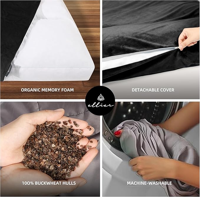 Zafu & Zabuton Meditation Cushion Set - Buckwheat Hull & Memory Foam Pillows, Ergonomic Support for Yoga, Mindfulness - Organic Velvet Cover, Large Size, Durable Comfort (Black) - Bloomnest