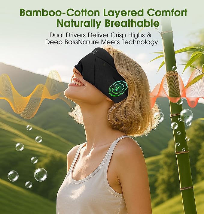 Sleep Mask with Headphones Bluetooth 5.4, LC-dolida Wireless Music Eye Mask for Sleeping Headphones with Soft Bamboo Cotton Cooling Breathable,Ultra-Thin Stereo Speaker for Side Sleepers - Bloomnest