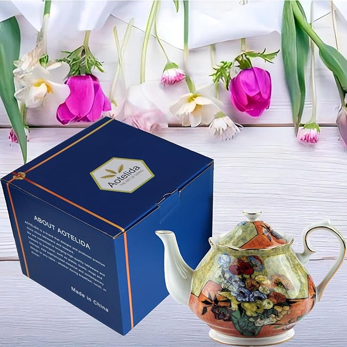 Teapot 30 oz Van Gogh Paintings Bone China Loose Tea Pot Floral Design Vintage Ceramic Coffee Water Pot European Style Porcelain (Flower Vase) - Bloomnest