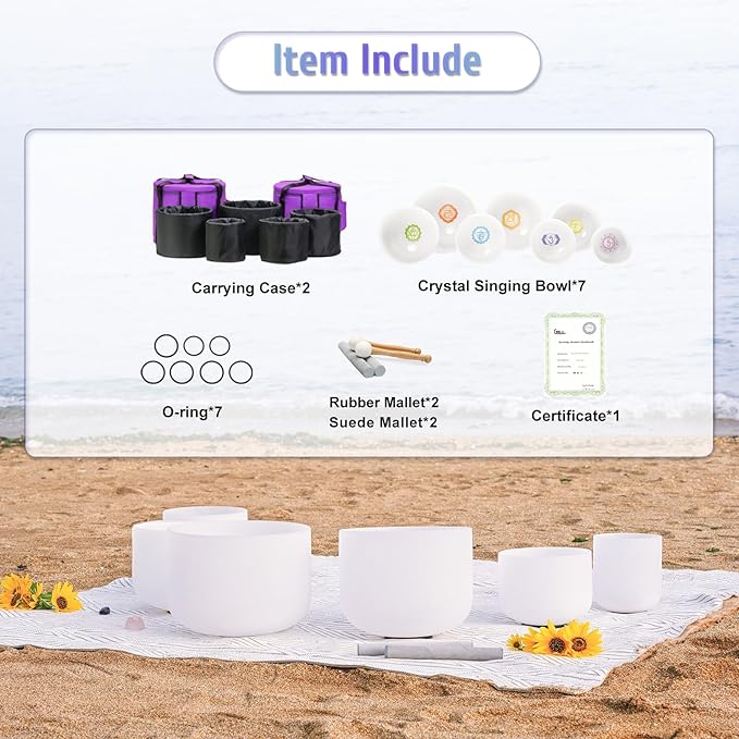 440HZ 6"-12" Set of 7 Paternoster Frosted Quartz Crystal Singing Bowl Set for Chakra Sound Healing Meditation with 2 pcs Carrying Case - Bloomnest