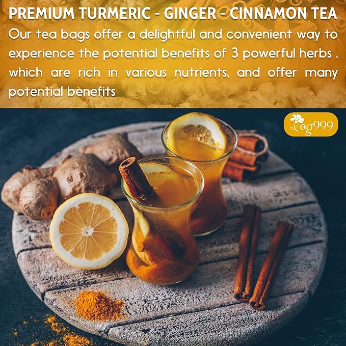 TOG999, Premium 20 Tea Bags Turmeric, Ginger, Cinnamon, 100% Natural, Hand-made Blend of Turmeric, Ginger, and Cinnamon Herbal Tea. Eco-conscious Tea Bags. No Sugar, No Caffeine, No Gluten, Vegan. - Bloomnest