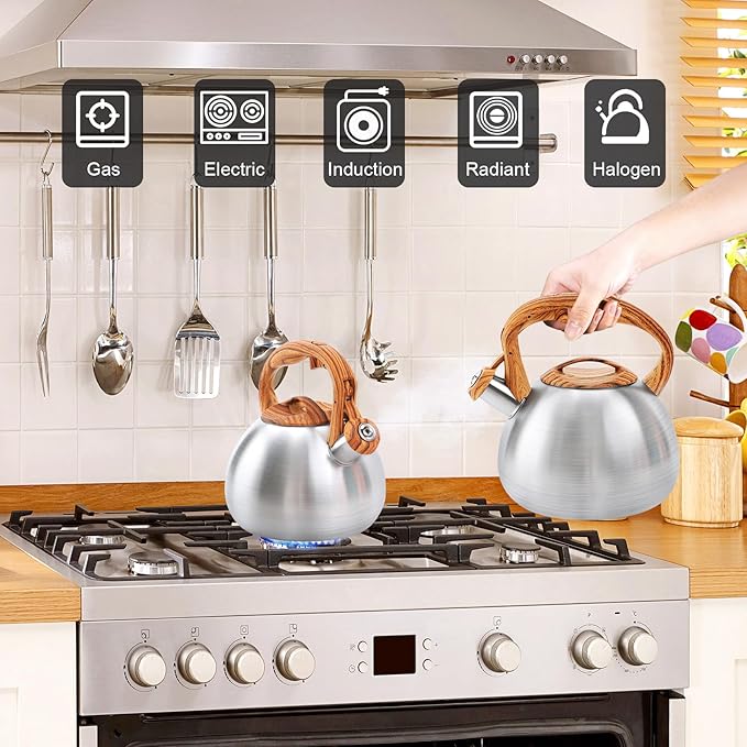 GGC Tea Kettle for Stove Top, 3.1QT/3L Whistling Tea Kettles for Boiling Water Coffee or Milk, Stainless Steel kettle Pot with Wood Parttern Handle for Home and Kitchen - Bloomnest