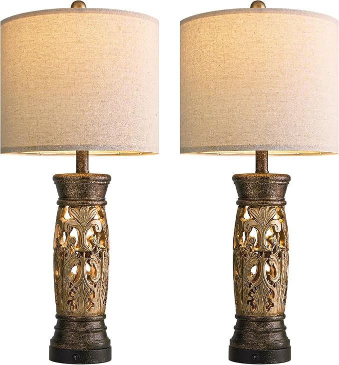 BOBOMOMO 27.25” Antique Gold Table Lamps Set of 2 – Farmhouse Bedside Lamps with Night Light & USB A+C Ports, Vintage Lamps for Bedroom, Living Room, Entryway, Nursery, Reading Nook(Bulbs Included - Bloomnest