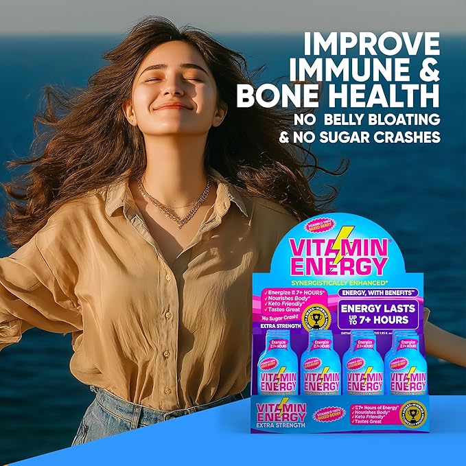 Vitamin Energy Vitamin D Extra Strength Energy Shot Mixed Berry 8 Pack, 260mg Natural Caffeine, B-Complex, Vitamin D, Wellness Support, Keto, Zero Sugar, Gluten-Free Vegan Kosher, 1.93 fl oz - Bloomnest