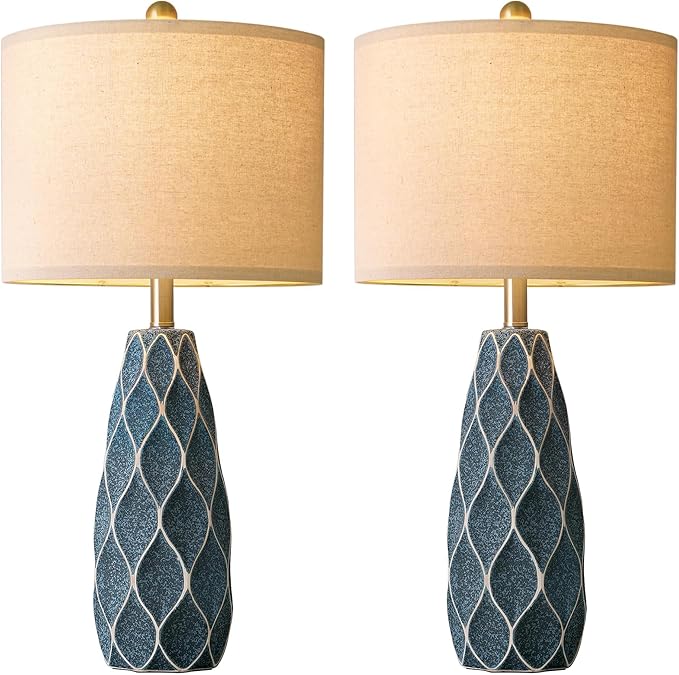 27.5" Ceramic Table Lamps for Living Room Bedroom Lamps Set of 2 Modern Boho Bedside Lamps Night Stands Farmhouse Vintage Large Nightstand Lamp Reading Light Home Office Dorm Desk Deco Gifts, Blue - Bloomnest