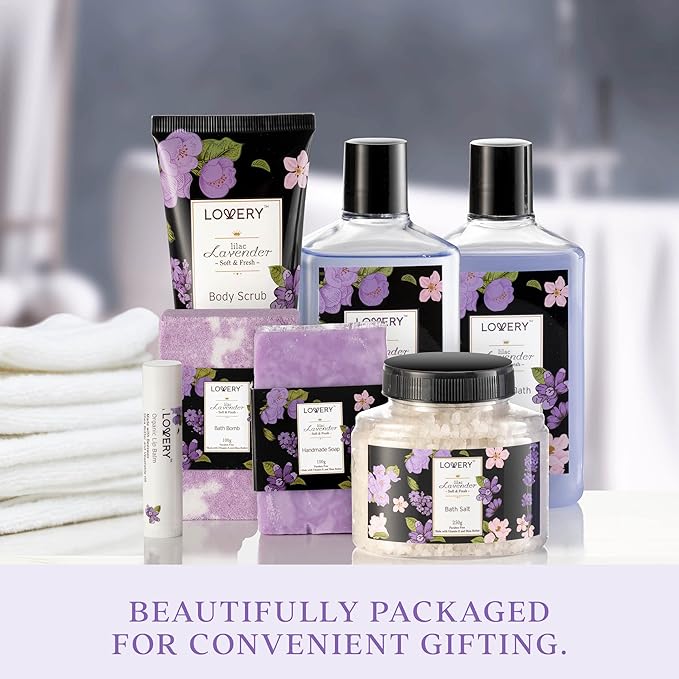 Gift Baskets for Women, Valentines Day Gifts for Her, Spa Gifts for Women – Lavender & Lilac Bath Set Soap, Bath Bomb, Jojoba Oil, Lip Balm Bath and Body Gifts for Mom - Bloomnest