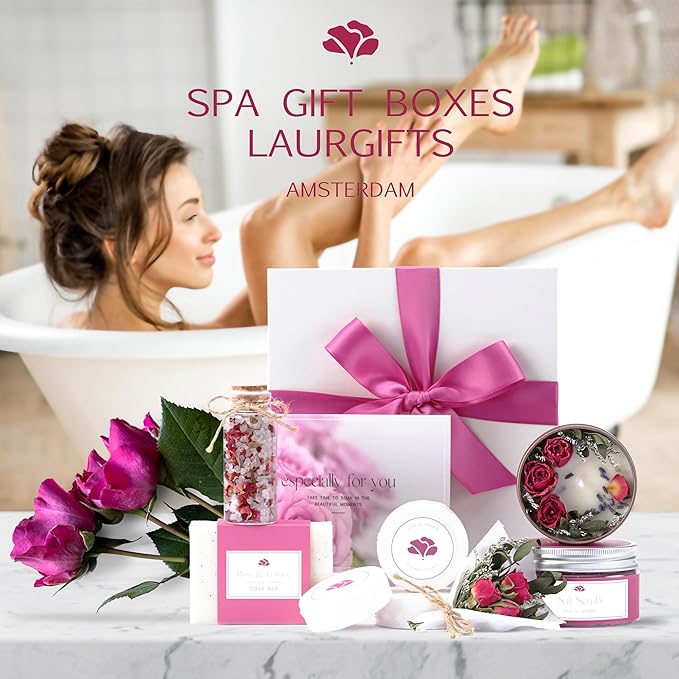 Valentine’s Day Spa Gift Set for Women – Romantic Rose & Jasmine Self Care Gift Box with Candle, Soap & Bath Treats – Pink Valentine Gift for Her, Wife, Girlfriend or Mom - Bloomnest