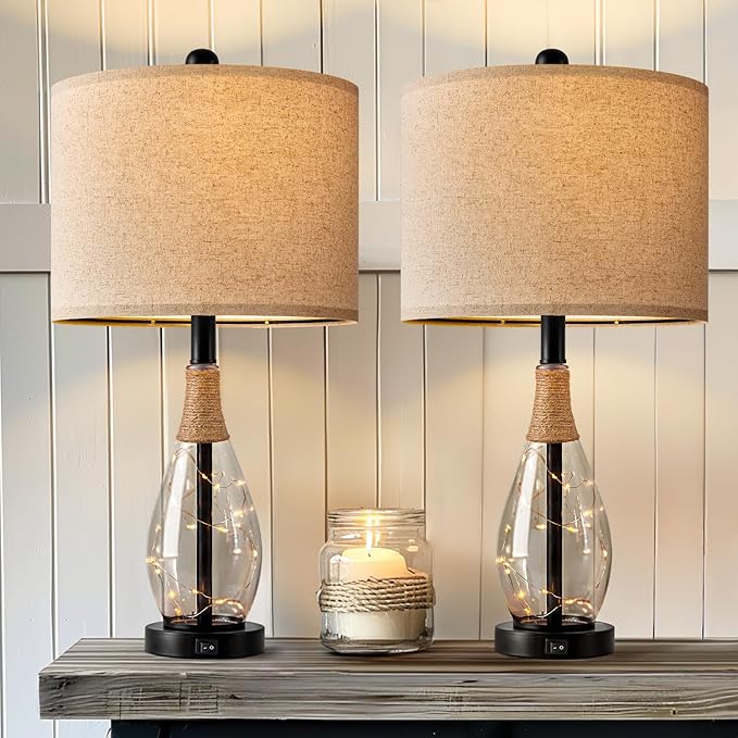OYEARS 23" Table Lamps for Living Room Set of 2 Bedside Lamps for Night Stands Bedroom Lamps Farmhouse Rattan Boho Lamp Glass Nightlight End Table Lamp with USB C+A (Black),Two Light Points - Bloomnest