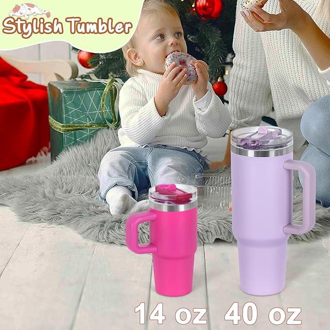 Cosictic 14 Oz Flip Straw Tumbler with Handle for Kids, Stainless Steel Double Wall Insulated Cup for Children with Flip Top Lid, 14 Oz Leak-proof Cups for Kids, Hot Pink and Rose Quartz - Bloomnest