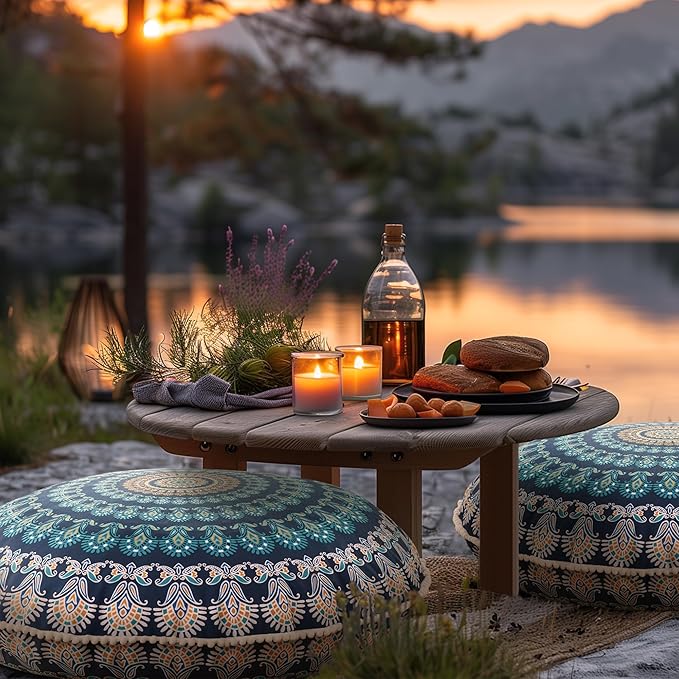 Codi Meditation Floor Pillow Set of 2, Round Large Pillows Seating for Adults, Bohemian Mandala Circle Cushion for Outdoor Fireplace Yoga Living Room, 32 Inch, Memory Foam Added, Navy