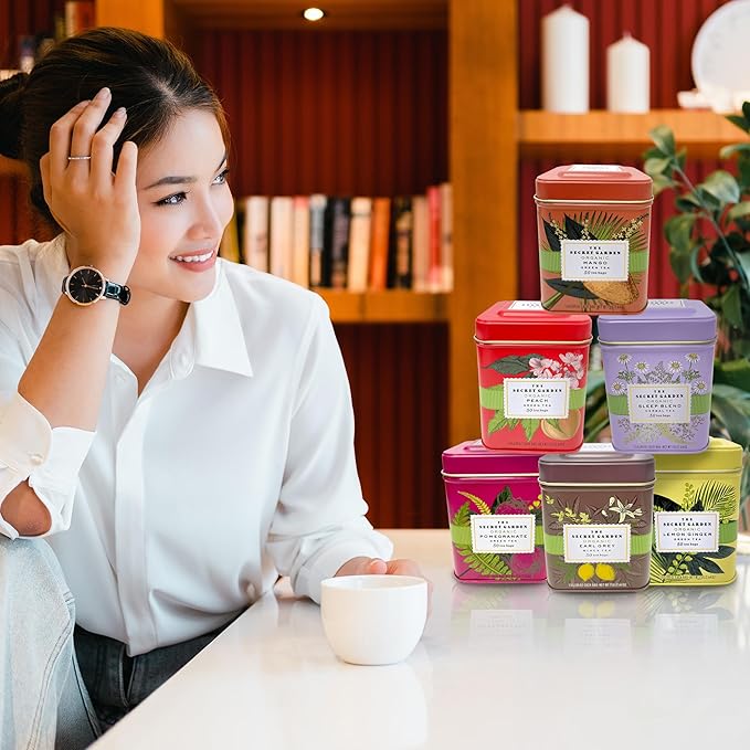 Premium USDA Organic Ceylon Tea Sampler Set - 6 Flavors, 50 Bags Per Tin (300 Total) Variety Pack Non-GMO, Herbal, Fruity, Green & Black, Caffeinated & Decaffeinated - Bloomnest