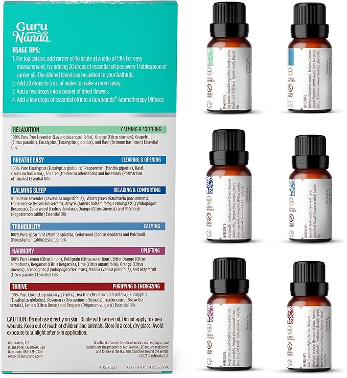 GuruNanda Essential Oil Blends (Set of 6) - Natural Essential Oil Set, Aromatherapy Oil Blends for Diffusers - Breathe Easy, Tranquility, Harmony, Calming Sleep, Relaxation & Thrive - Bloomnest