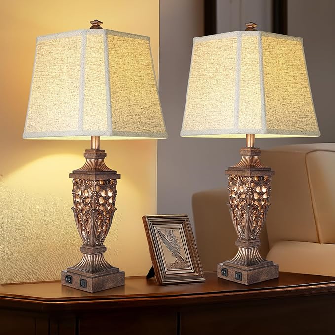 28.5" Vintage Bronze Table Lamps Set Of 2 with Night Light,Lamps for Nightstand with Beige Linen Cut Corner Shade,Bedside Lamp with USB A+C Ports for Bedrooms,Living Room,Office,Hotel(Bulb Included) - Bloomnest