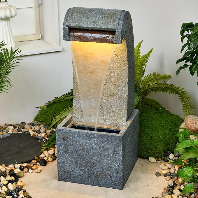 35.83'' Outdoor Garden Cascading Stone Floor-Standing Waterfall Fountain with LED Lights for Patio, Backyard, Deck, Porch and Home Art Decor - Bloomnest