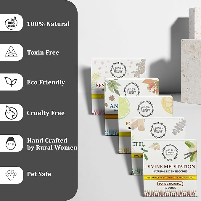 Raajsee Natural Incense Cones,6 Pack Mixed Scents Gift Pack 15 pc Each (90 Total), Insense Cones Variety Pack, 100% Organic Non Toxic Natural - Hand Rolled Free from Chemicals (Pack 3) RAAJSEE