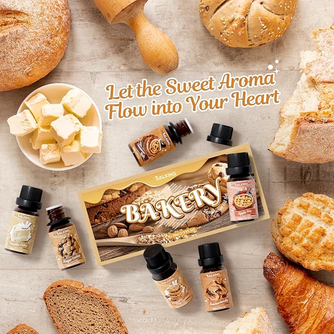 SALKING Bakery Fragrance Oils, Premium Essential Oil for Diffuser, Scented Oil Set for Soap Candle Making - Chocolate Chip Cookies, Apple Pie, Cinnamon Rolls, Vanilla Cake, Snickerdoodle, Sugar Cookie - Bloomnest