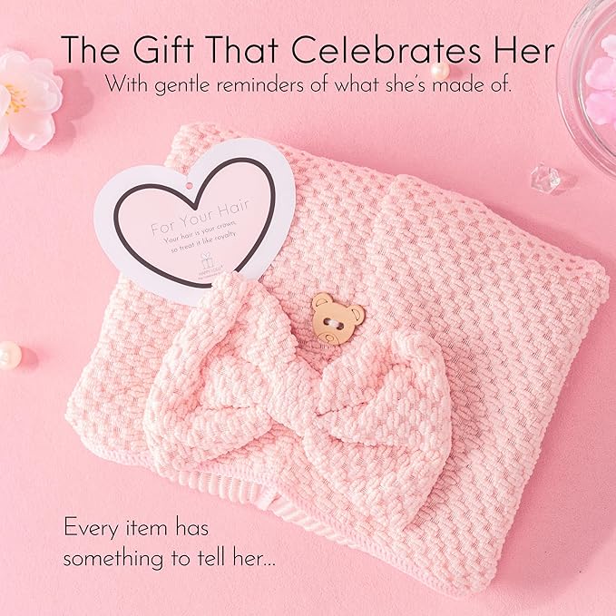 Happy Lolli Power Shower Gift Set – College Essential Bath Accessories for Women and Teen Girls – Includes Body Towel, Hair Towel, Wrist Bands, Headband, Face Sponge and More (Fresh in Pink)