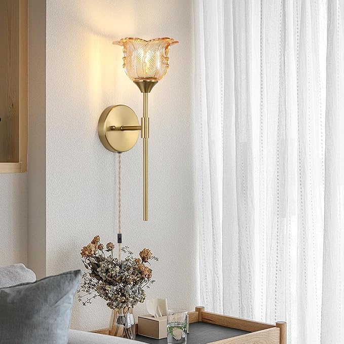 Plug in Gold Wall Sconce Set of 2 with Amber Glass Shades, Modern Mid Century Bathroom Vanity, Wall Light Fixtures, Brushed Brass Wall Lamp, for Bedroom Mirror Living Room, ETL Listed - Bloomnest
