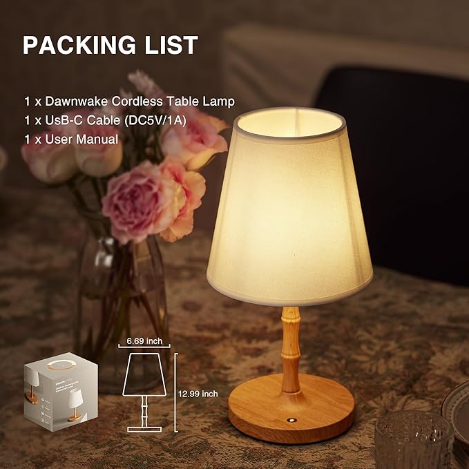Table Lamp Bedside Desk Lamp,Cordless Rechargeable Battery Operated Lamps for Bedroom Night Stands,3 Colors Touch Dimmable Small Table Kitchen Lamps for Living Room,4000mAh LED (Fabric Shade) - Bloomnest
